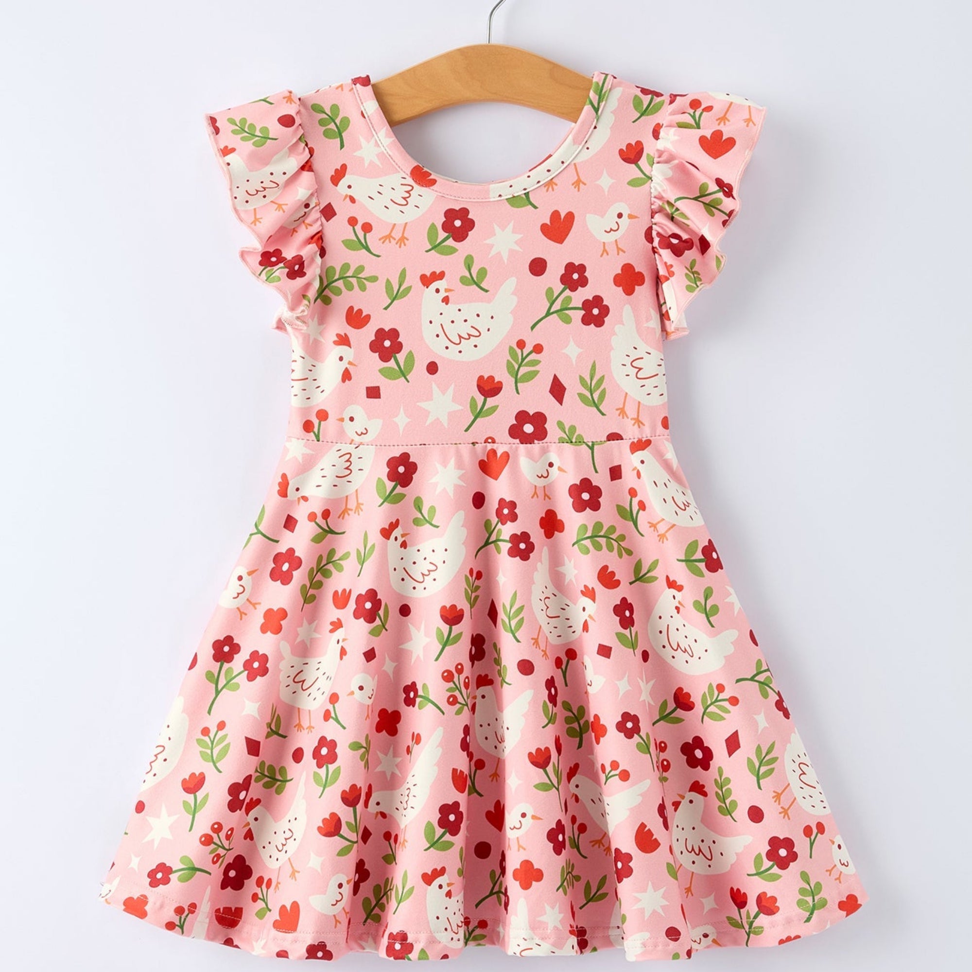 Girls Spring Chicken & Floral Farm Print Dress - Easter Dress