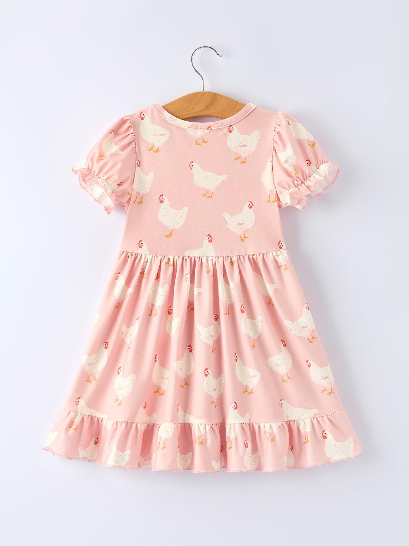 Girls Spring Chicken Print Ruffle Dress - Farm Easter Dress