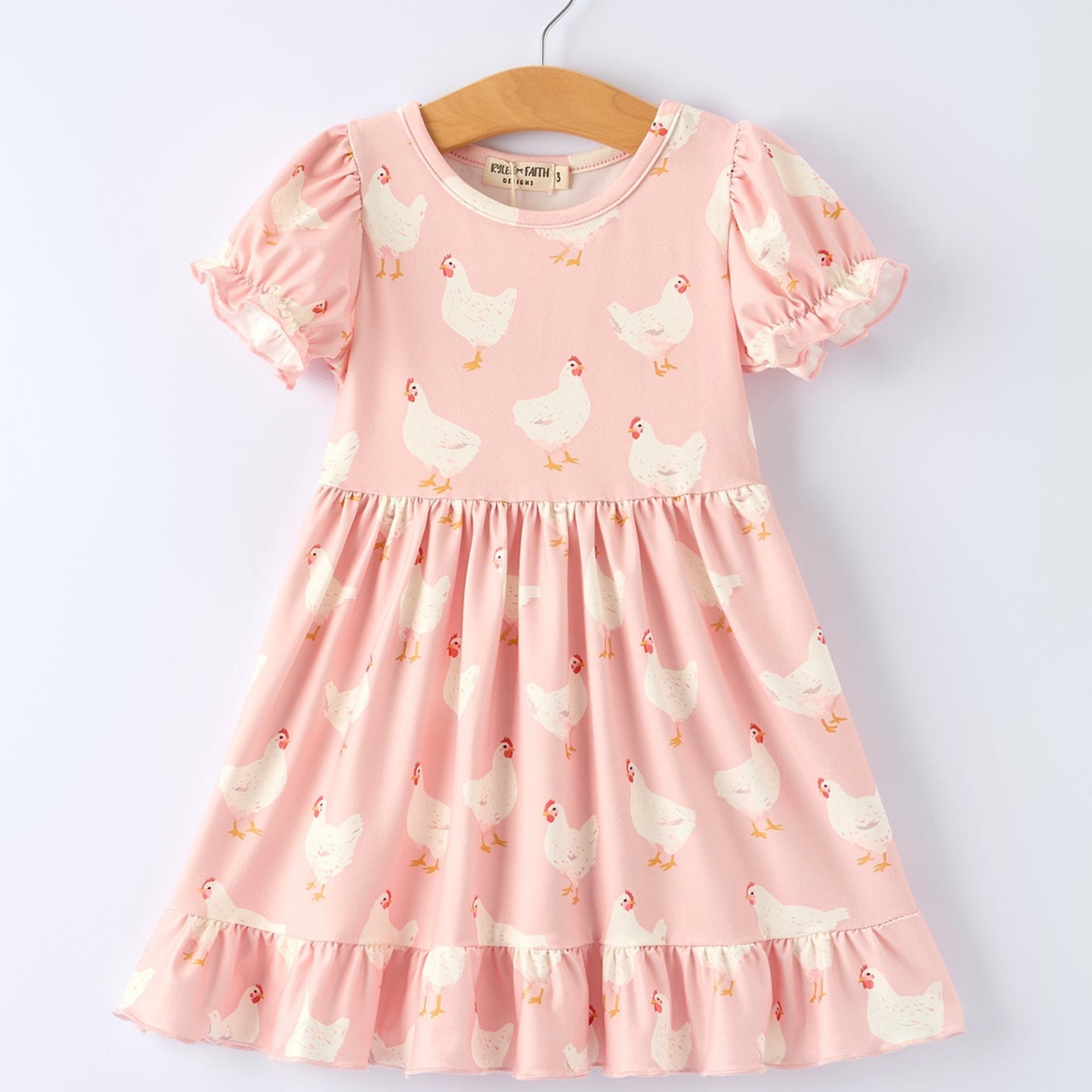 Girls Spring Chicken Print Ruffle Dress - Farm Easter Dress