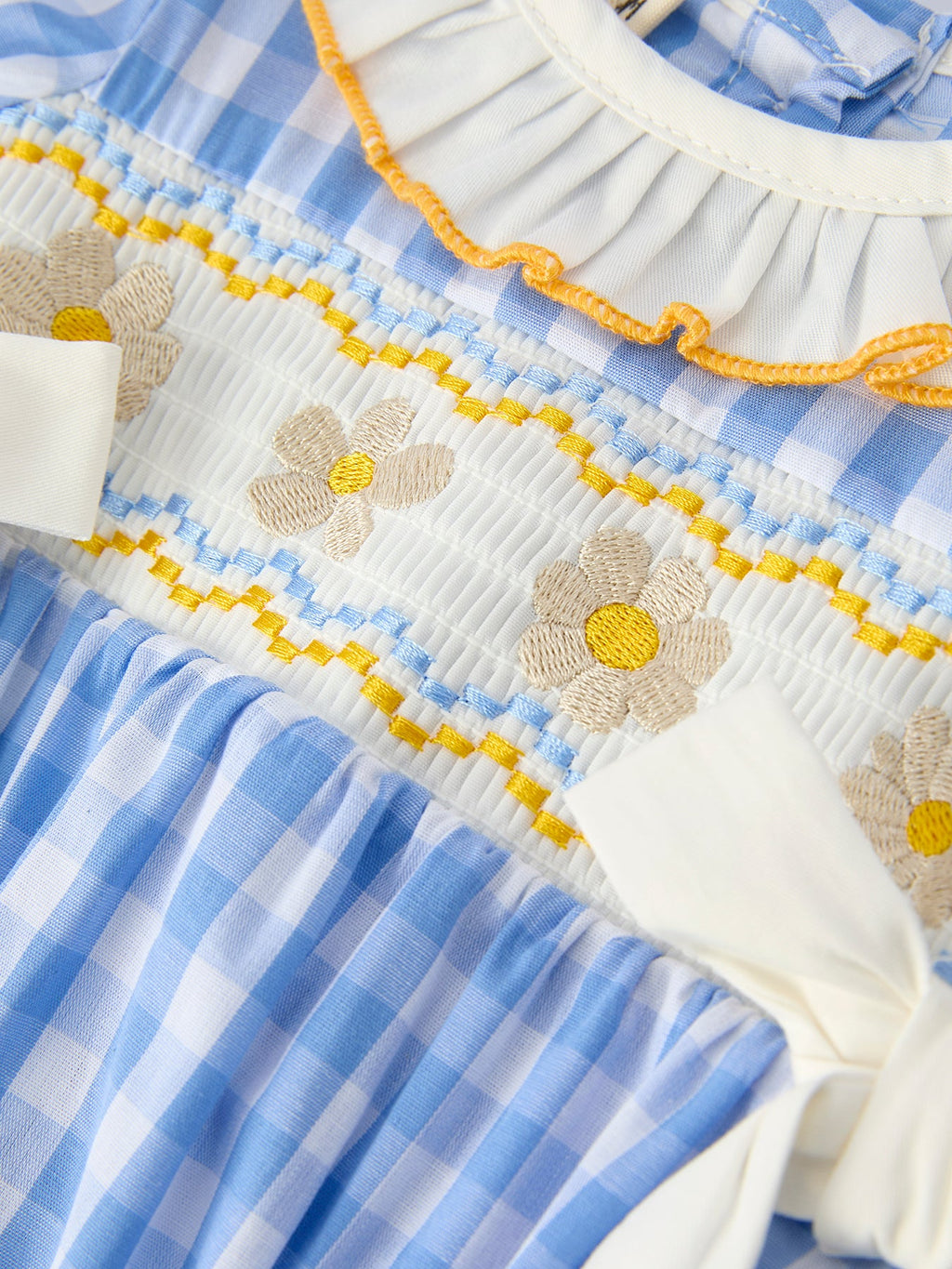 Baby Girls Spring Daisy Smocked Romper with Bow - 100% Cotton