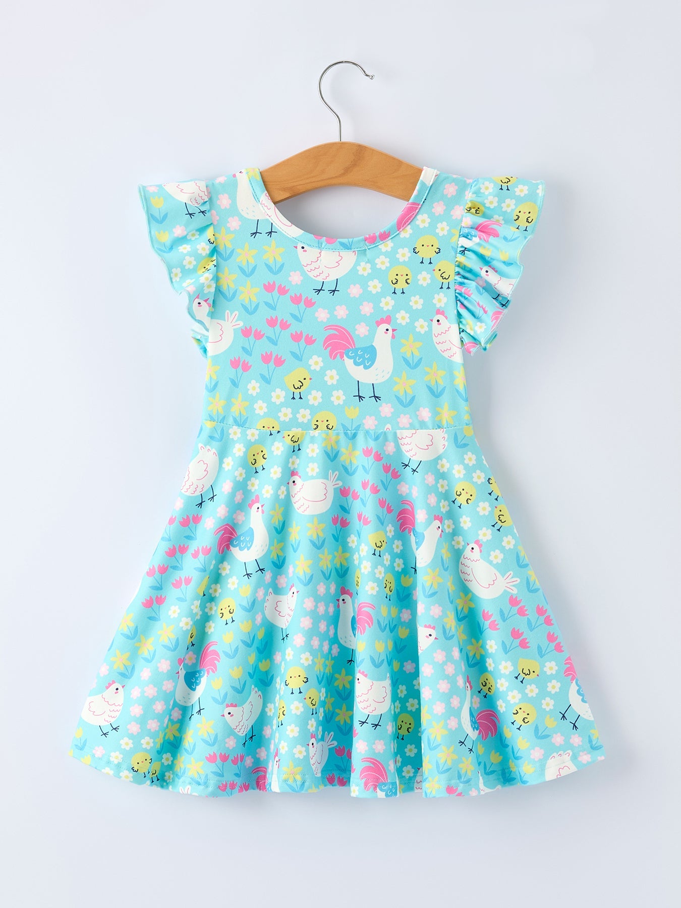 Girls Spring Chicken & Floral Farm Dress - Aqua Easter Dress