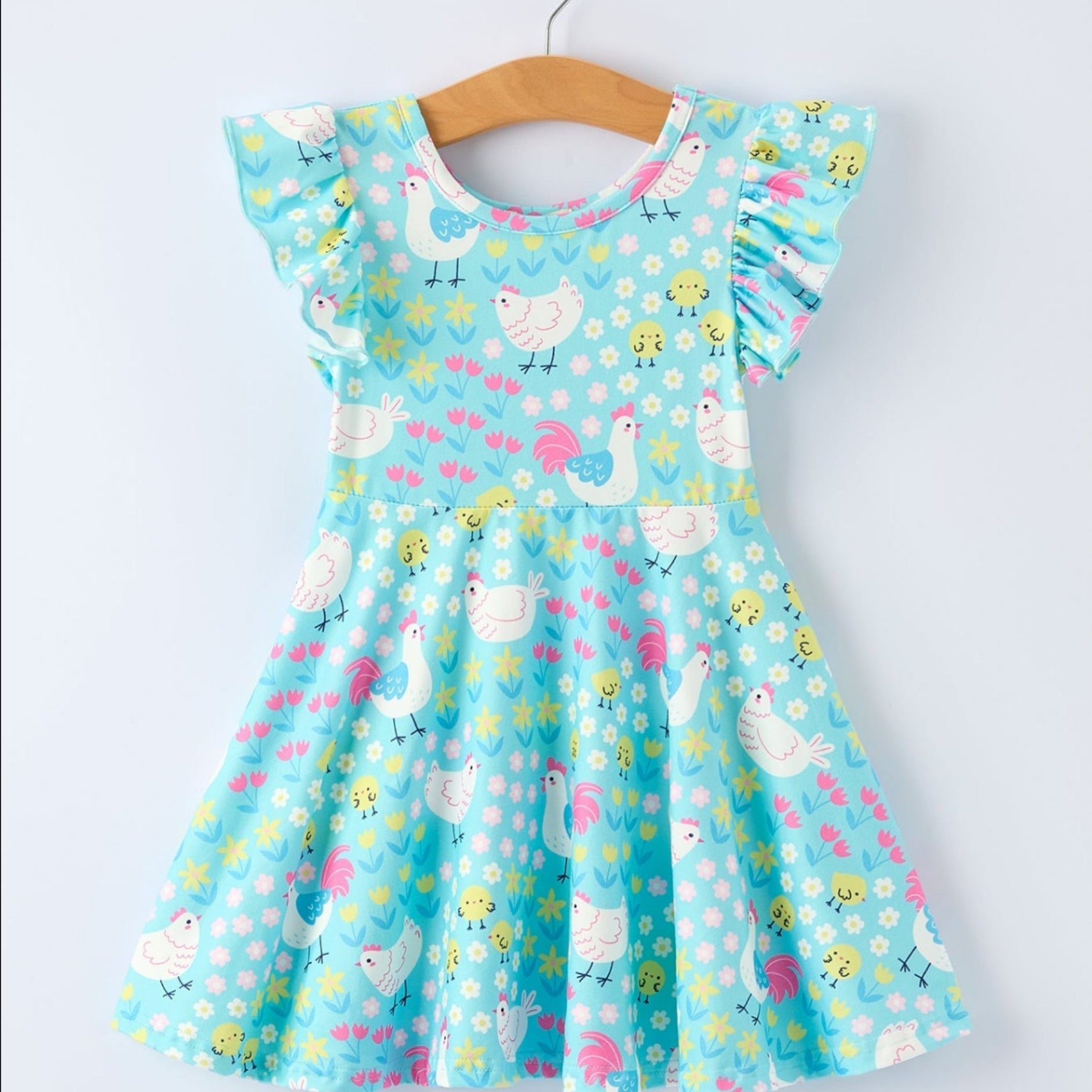 Girls Spring Chicken & Floral Farm Dress - Aqua Easter Dress