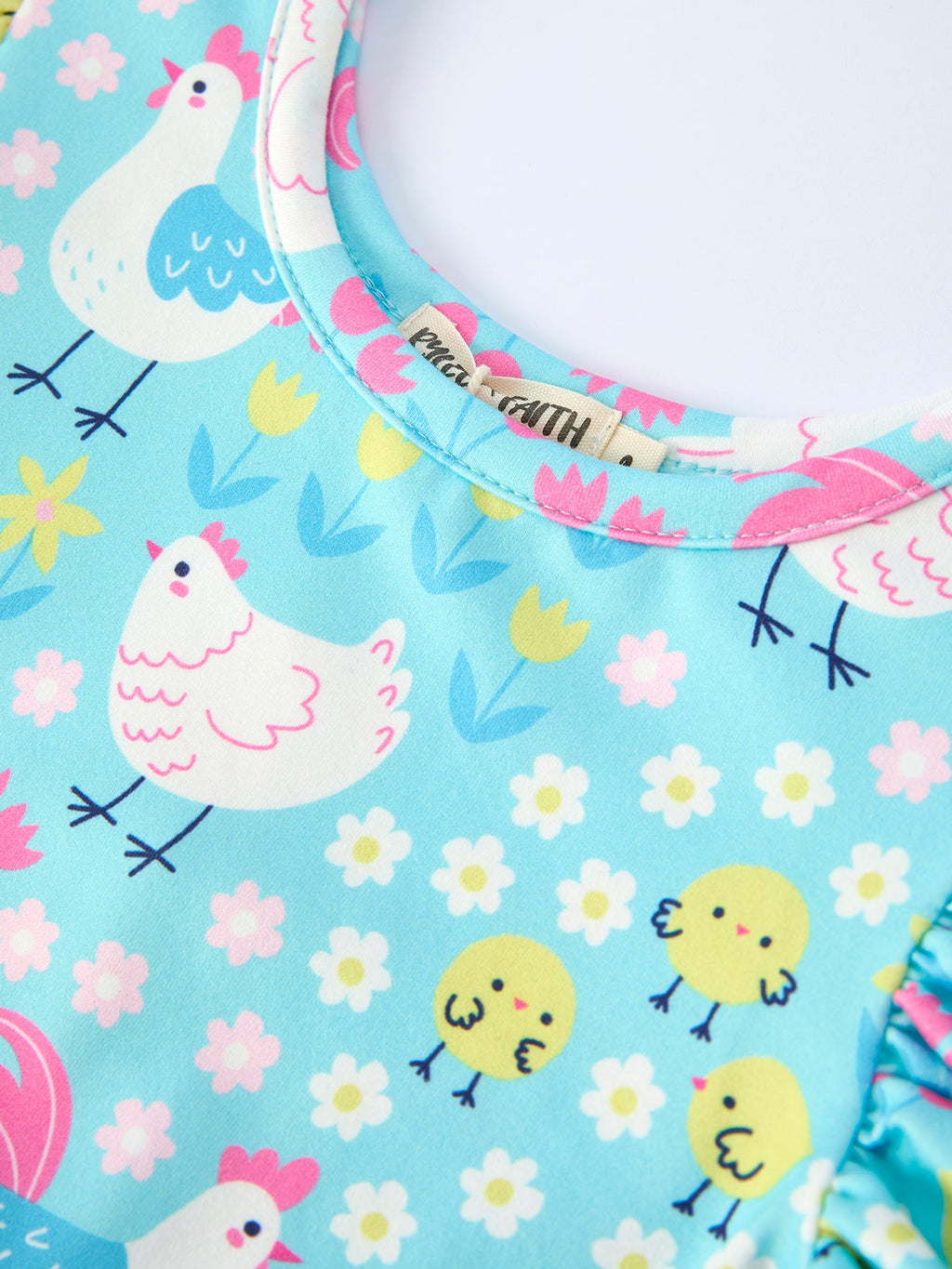 Girls Spring Chicken & Floral Farm Dress - Aqua Easter Dress