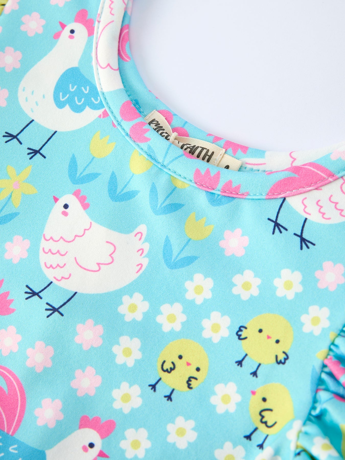 Girls Spring Chicken & Floral Farm Dress - Aqua Easter Dress