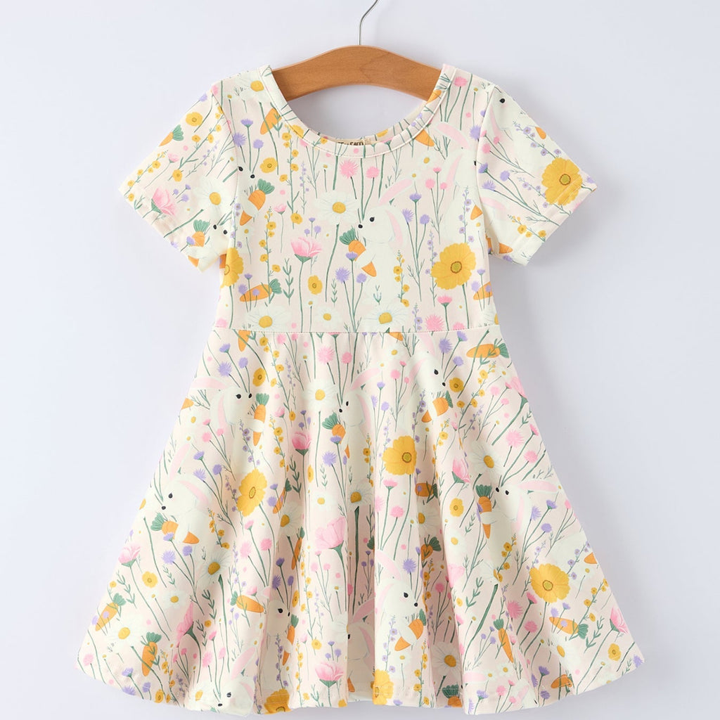Girls Easter Bunny Yellow Floral Dress - Spring Holiday Dress
