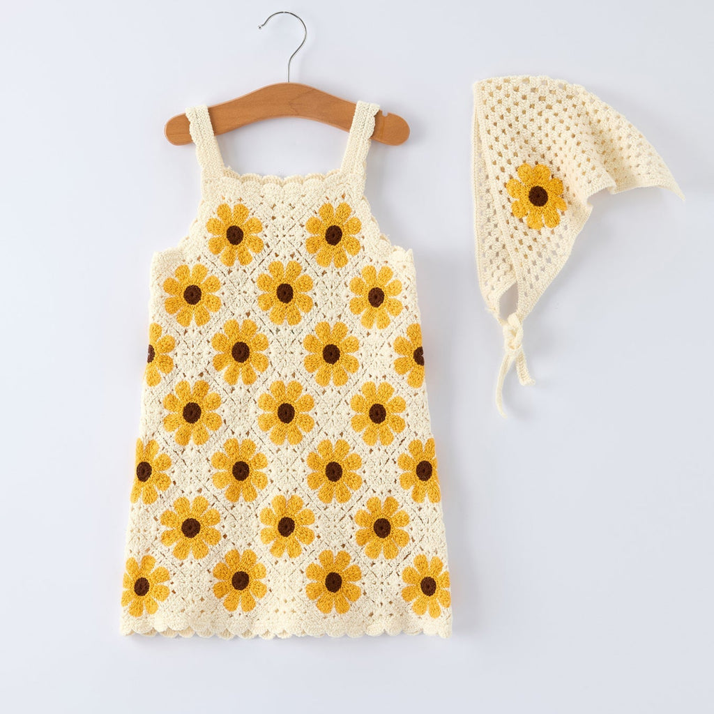 Girls Handcrafted Crochet Sunflower Dress with Headscarf Set - Summer Outfit