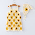 Girls Handcrafted Crochet Sunflower Dress with Headscarf Set - Summer Outfit