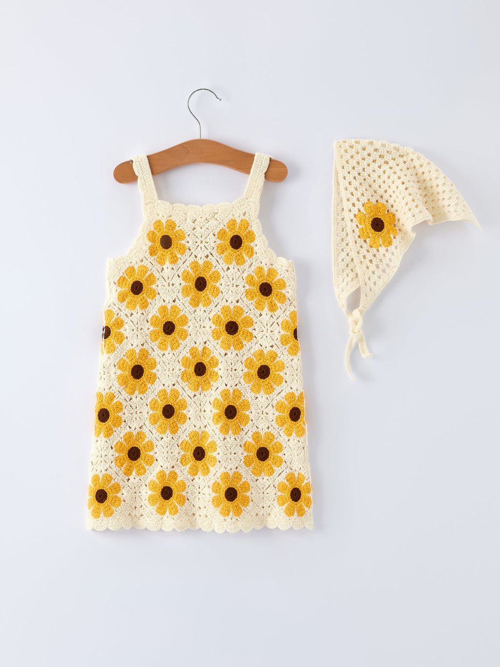 Girls Handcrafted Crochet Sunflower Dress with Headscarf Set - Summer Outfit