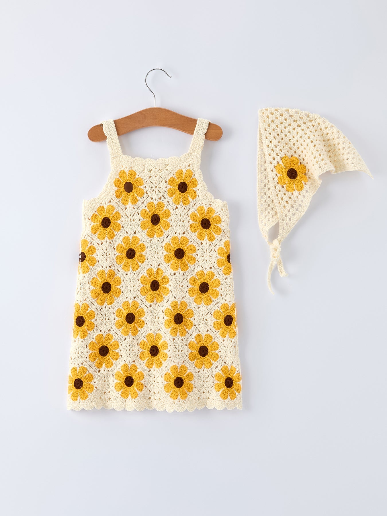 Girls Handcrafted Crochet Sunflower Dress with Headscarf Set - Summer Outfit