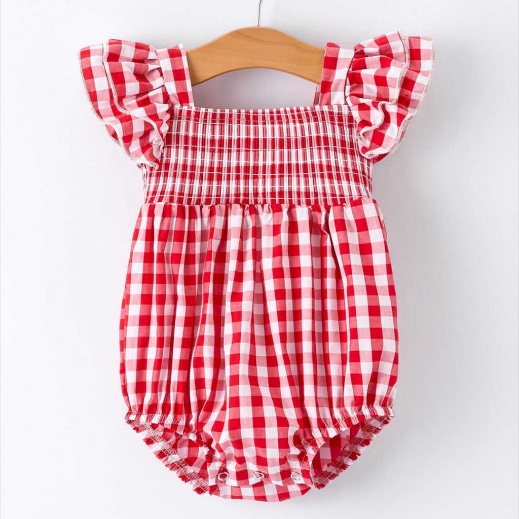Girls Summer Plaid Smocked Ruffle Romper - Matching Sibling Outfits Available