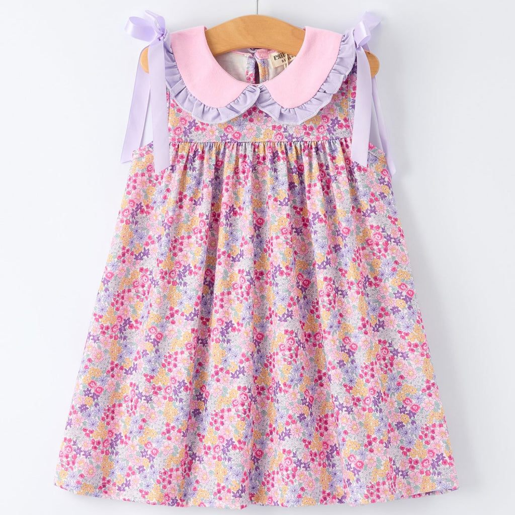 Girls Summer Purple Floral Dress with Bow and Ruffles