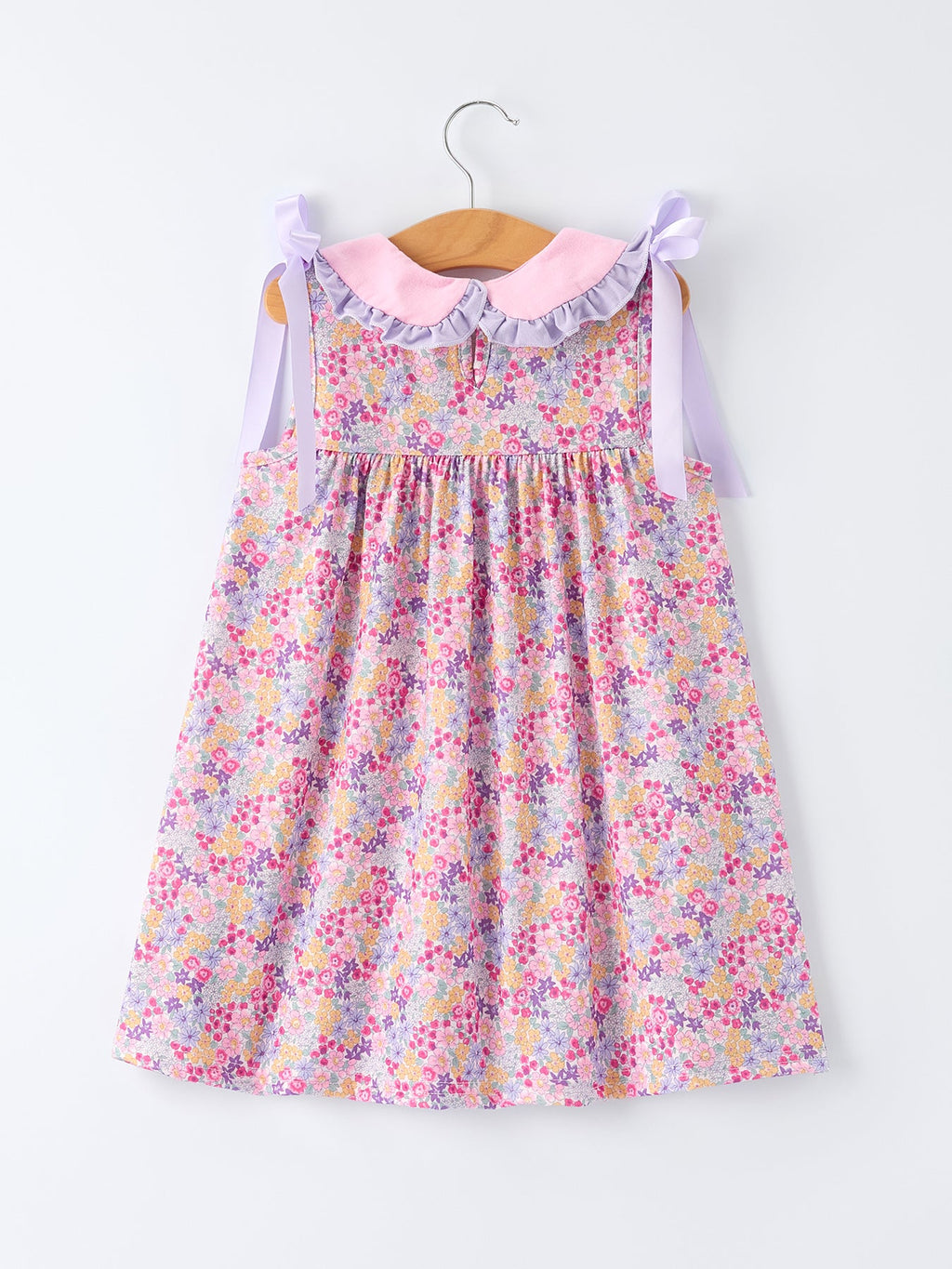 Girls Summer Purple Floral Dress with Bow and Ruffles