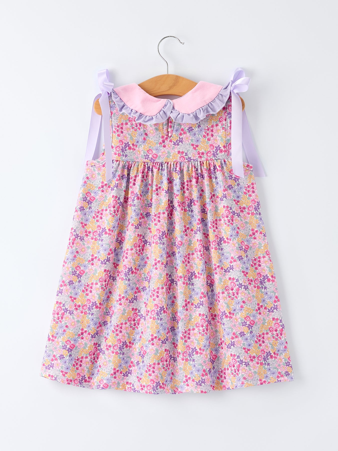 Girls Summer Purple Floral Dress with Bow and Ruffles