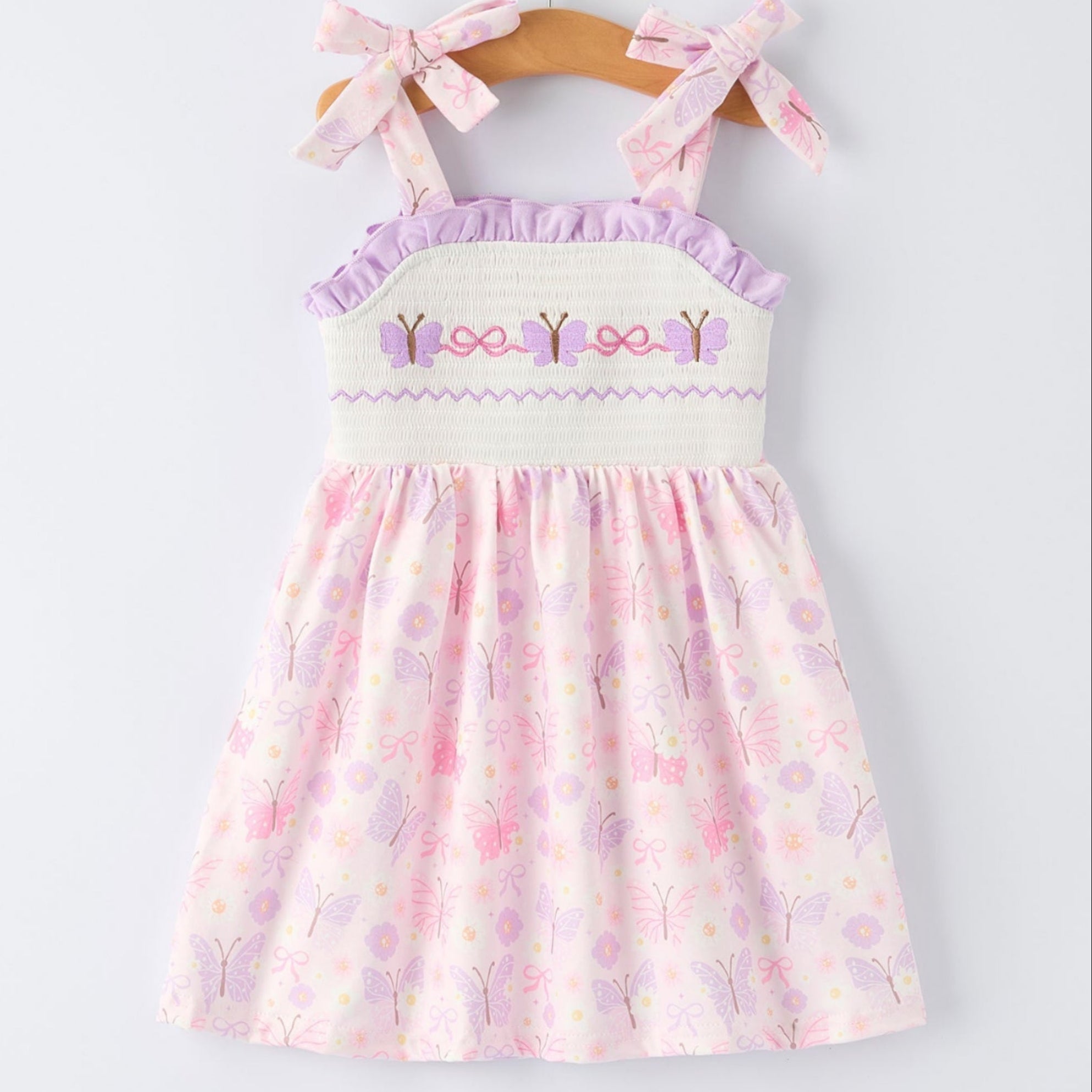 Baby Girls Butterfly Embroidered Smocked Dress with Bow
