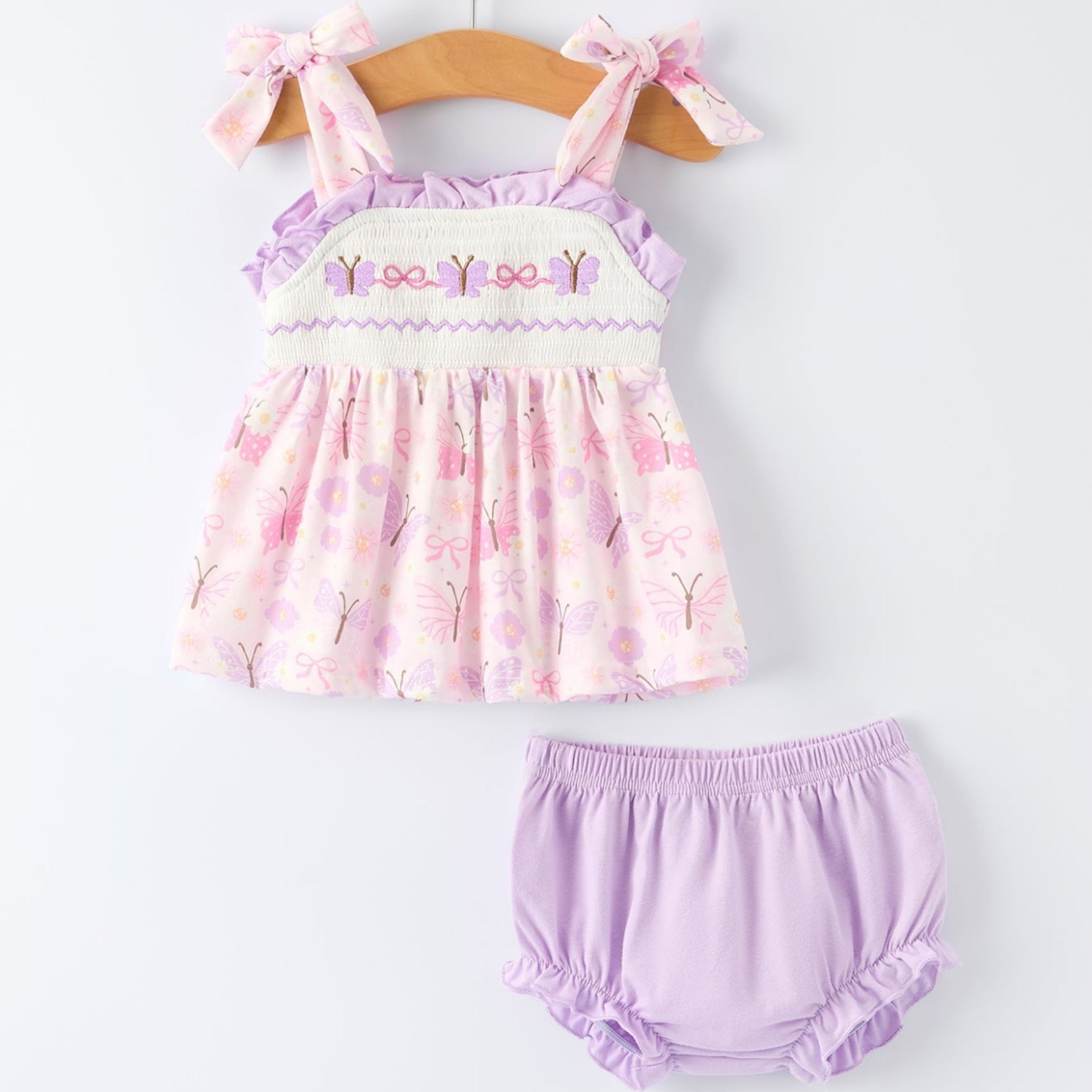 Baby Girls Butterfly Embroidered Smocked Bloomers Set with Bow