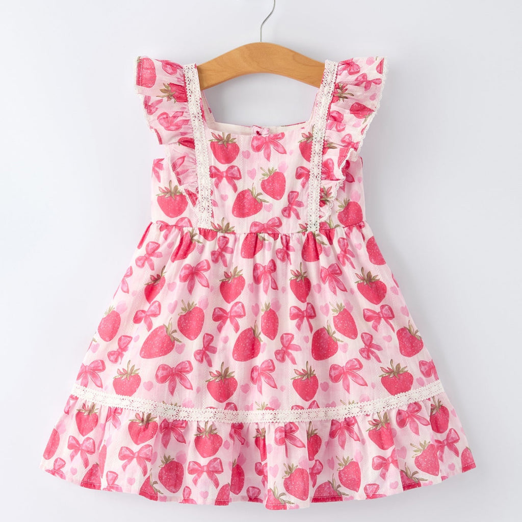 Girls Spring Strawberry Bow Print Dress - 100% Cotton Summer Dress
