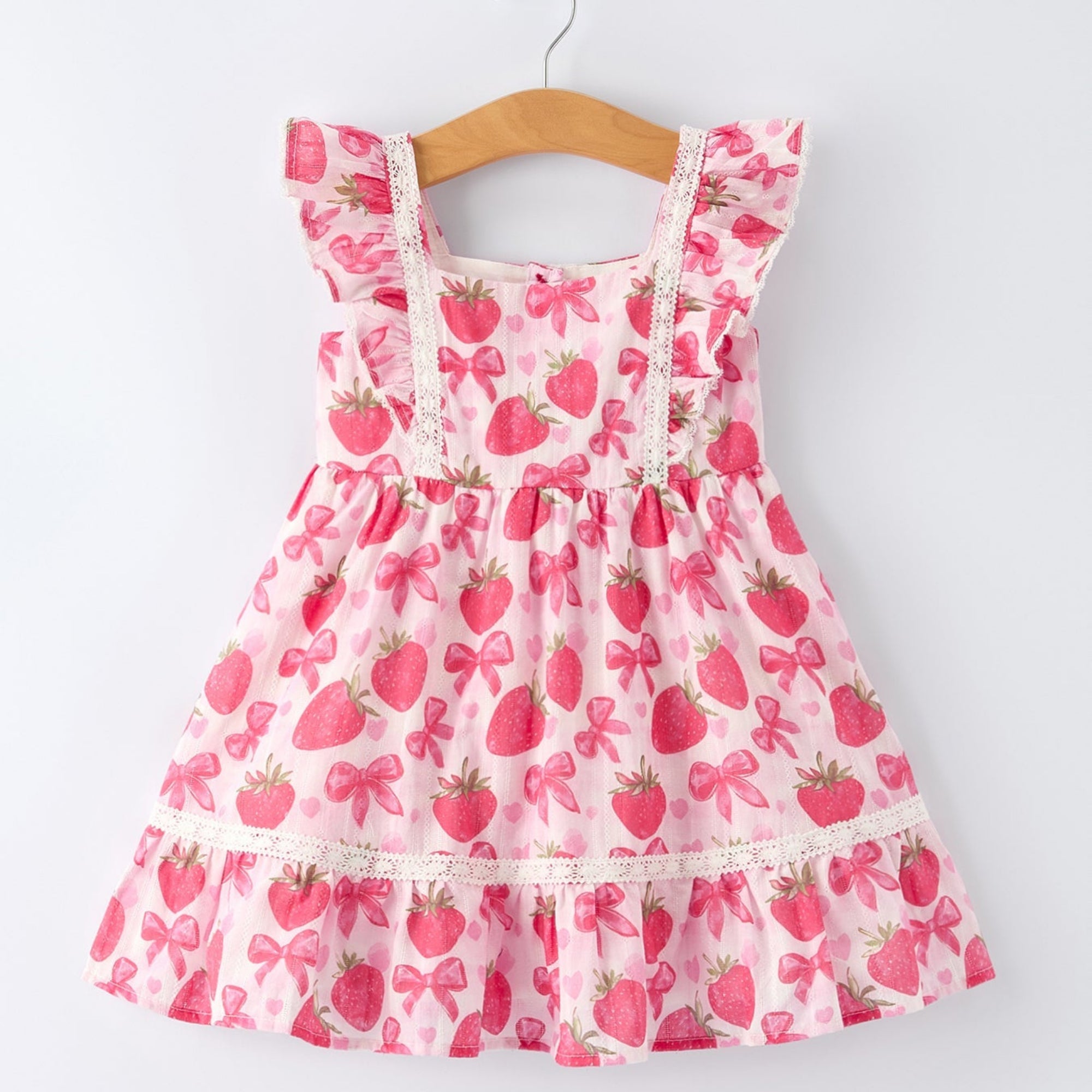 Girls Spring Strawberry Bow Print Dress - 100% Cotton Summer Dress