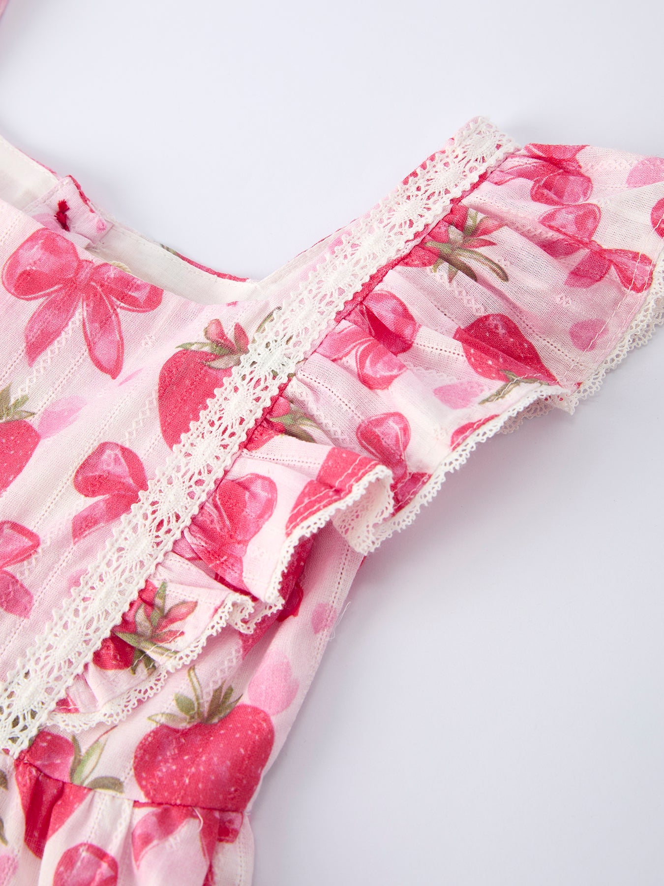 Girls Spring Strawberry Bow Print Dress - 100% Cotton Summer Dress