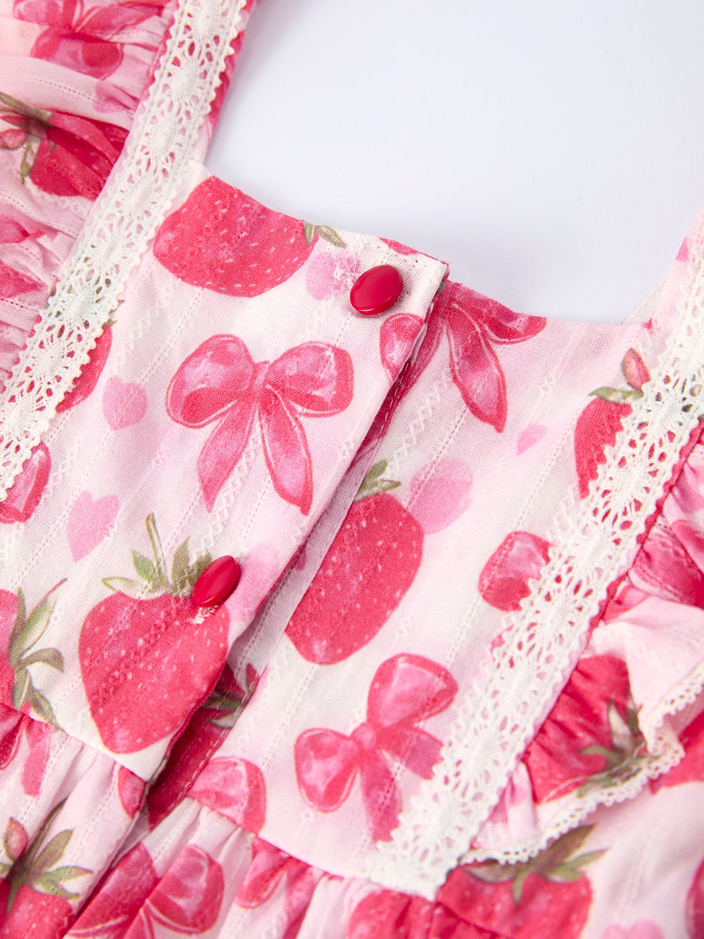 Girls Spring Strawberry Bow Print Dress - 100% Cotton Summer Dress