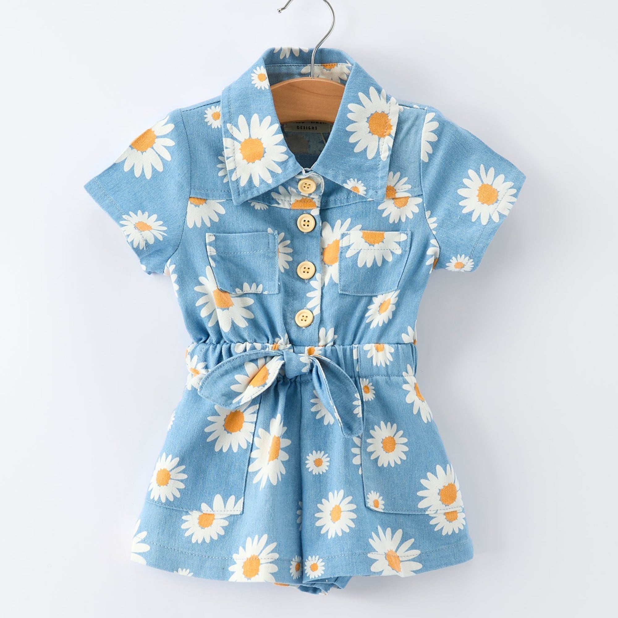 Girls Spring Daisy Blue Denim Jumpsuit - Cotton Blend One-Piece Outfit