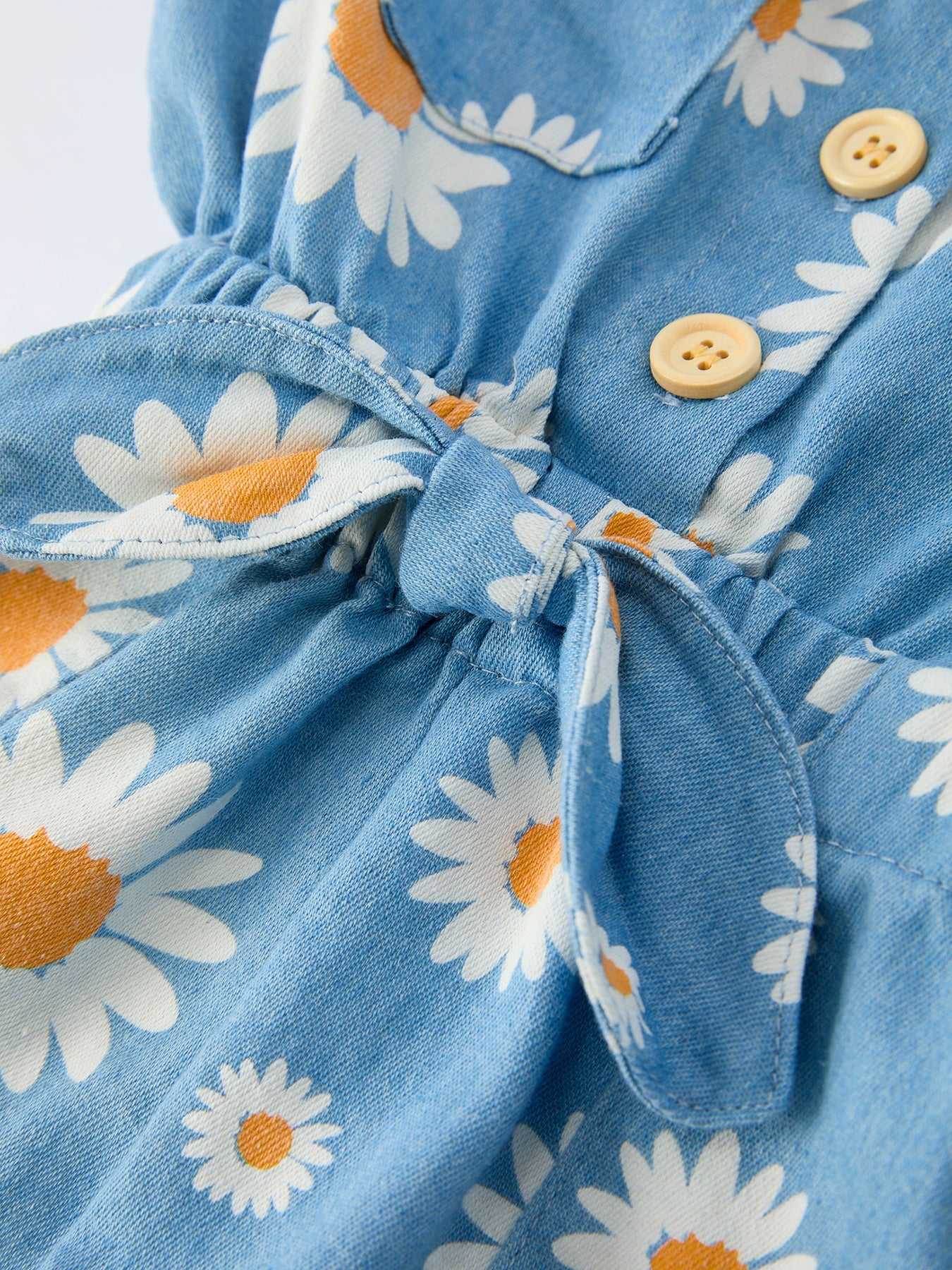 Girls Spring Daisy Blue Denim Jumpsuit - Cotton Blend One-Piece Outfit