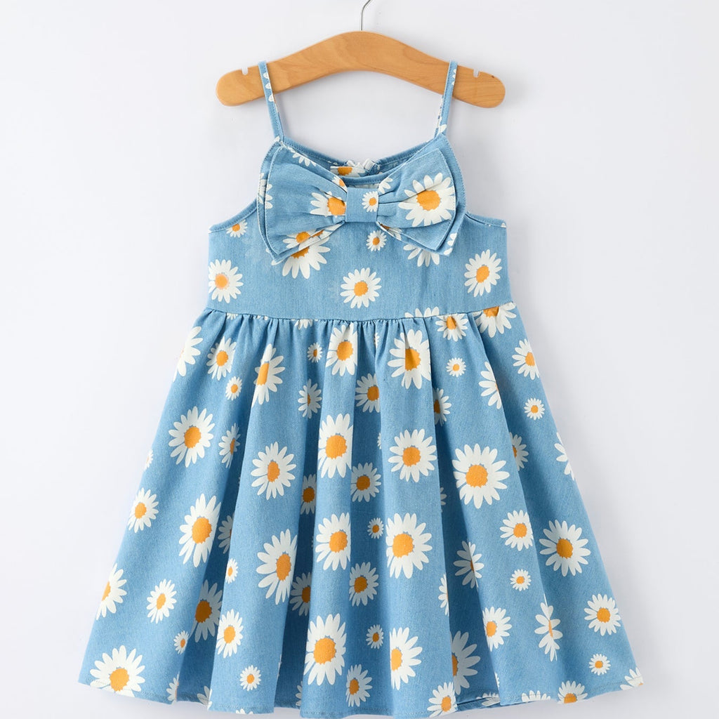 Girls Spring Daisy Blue Denim Dress - Cotton Blend Casual Dress