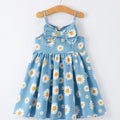 Girls Spring Daisy Blue Denim Dress - Cotton Blend Casual Dress