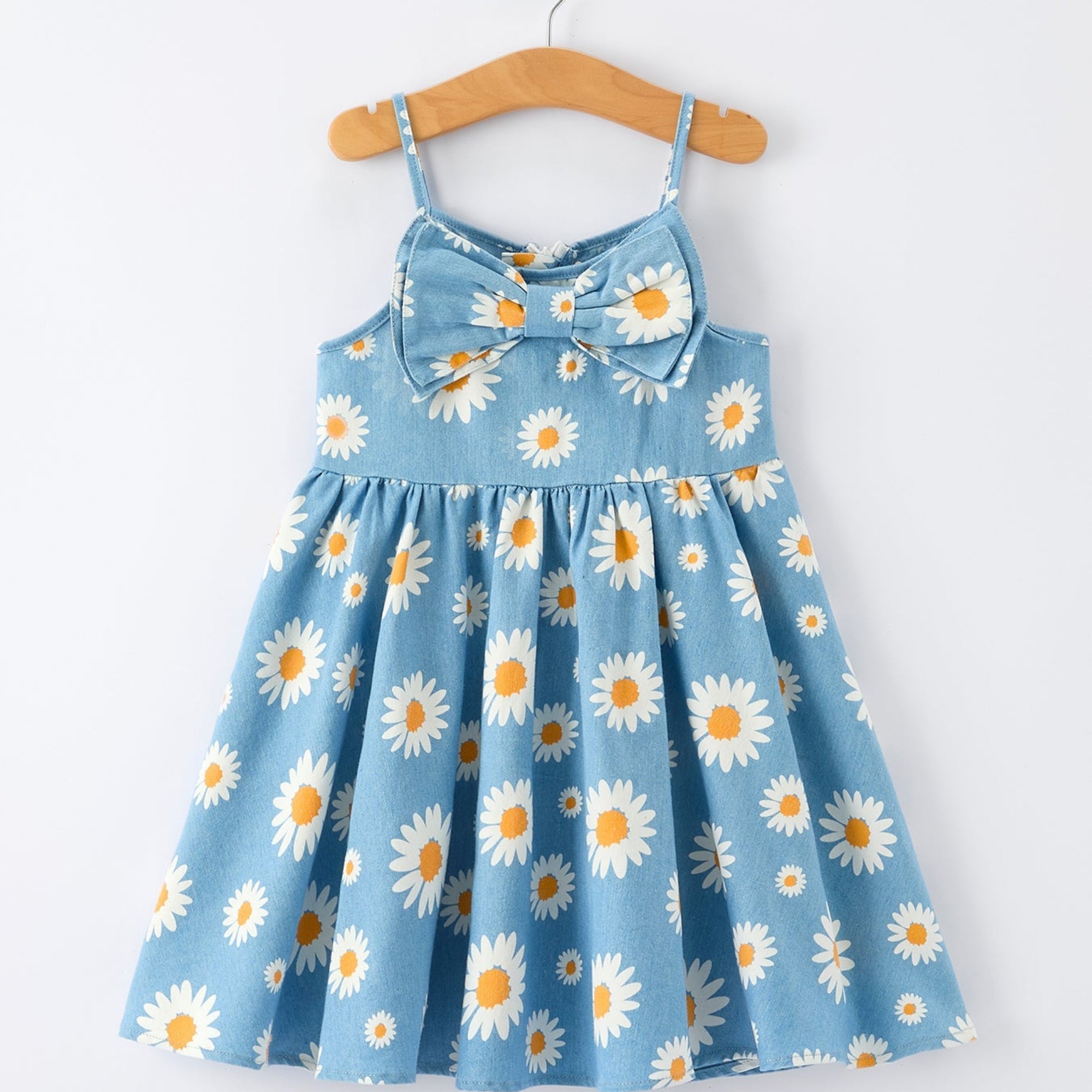 Girls Spring Daisy Blue Denim Dress - Cotton Blend Casual Dress
