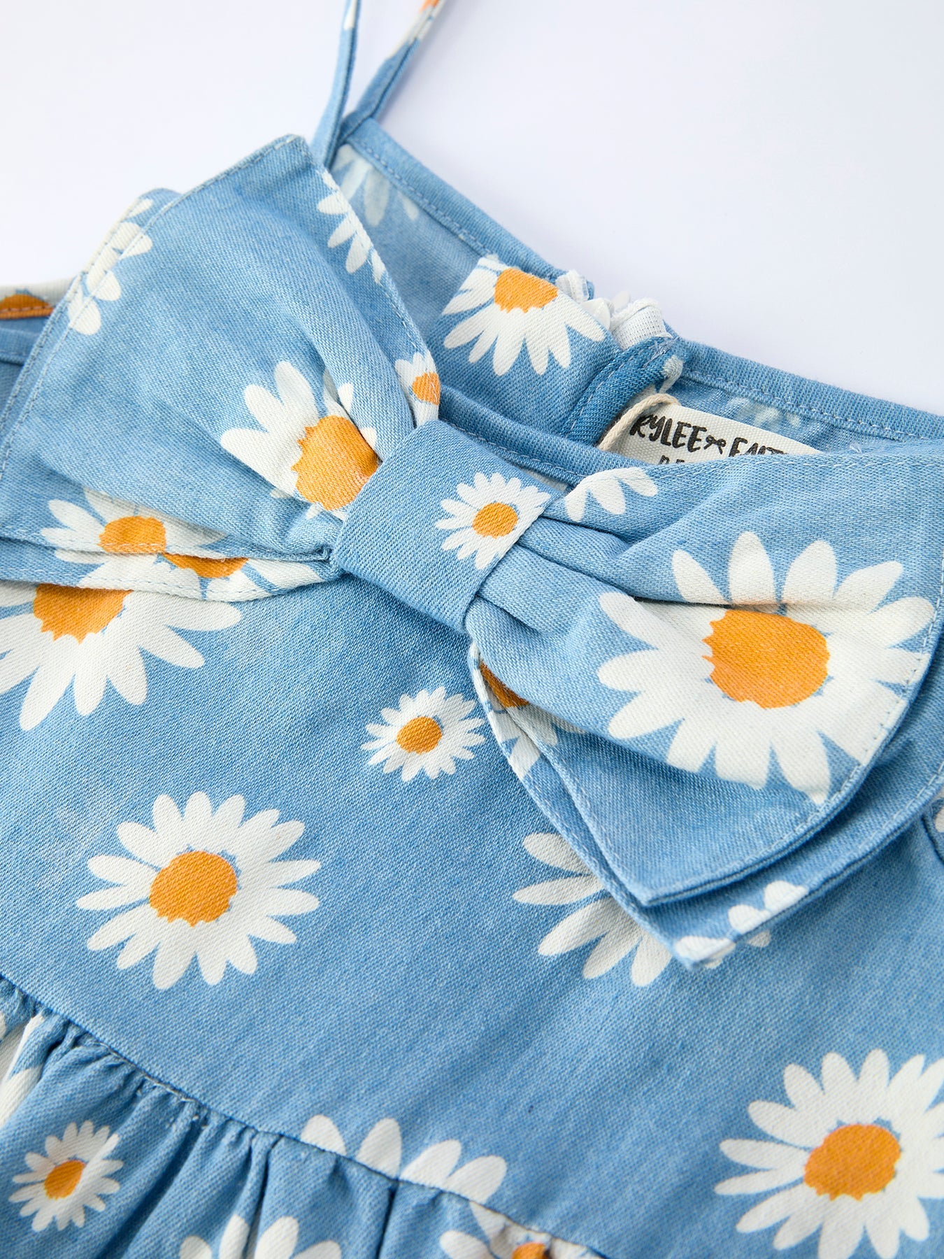 Girls Spring Daisy Blue Denim Dress - Cotton Blend Casual Dress