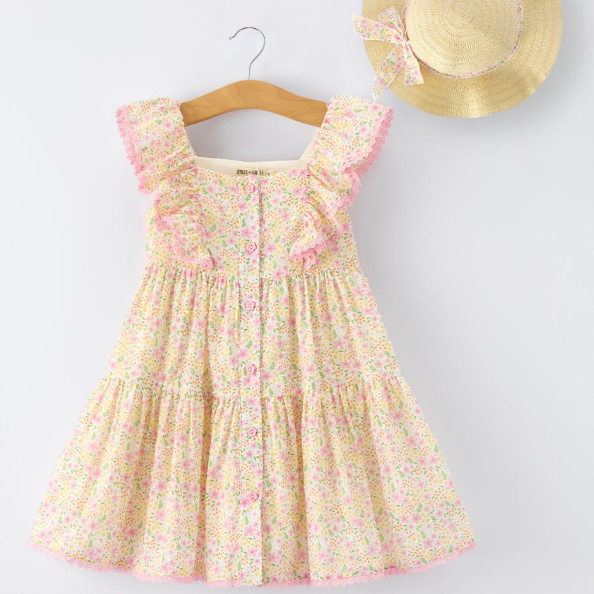 Girls Spring Floral Ruffle Dress with Bow Straw Hat Set - 100% Cotton