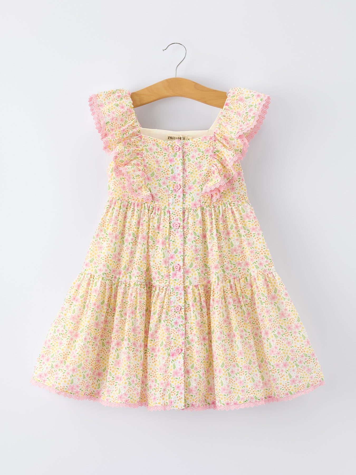 Girls Spring Floral Ruffle Dress with Bow Straw Hat Set - 100% Cotton