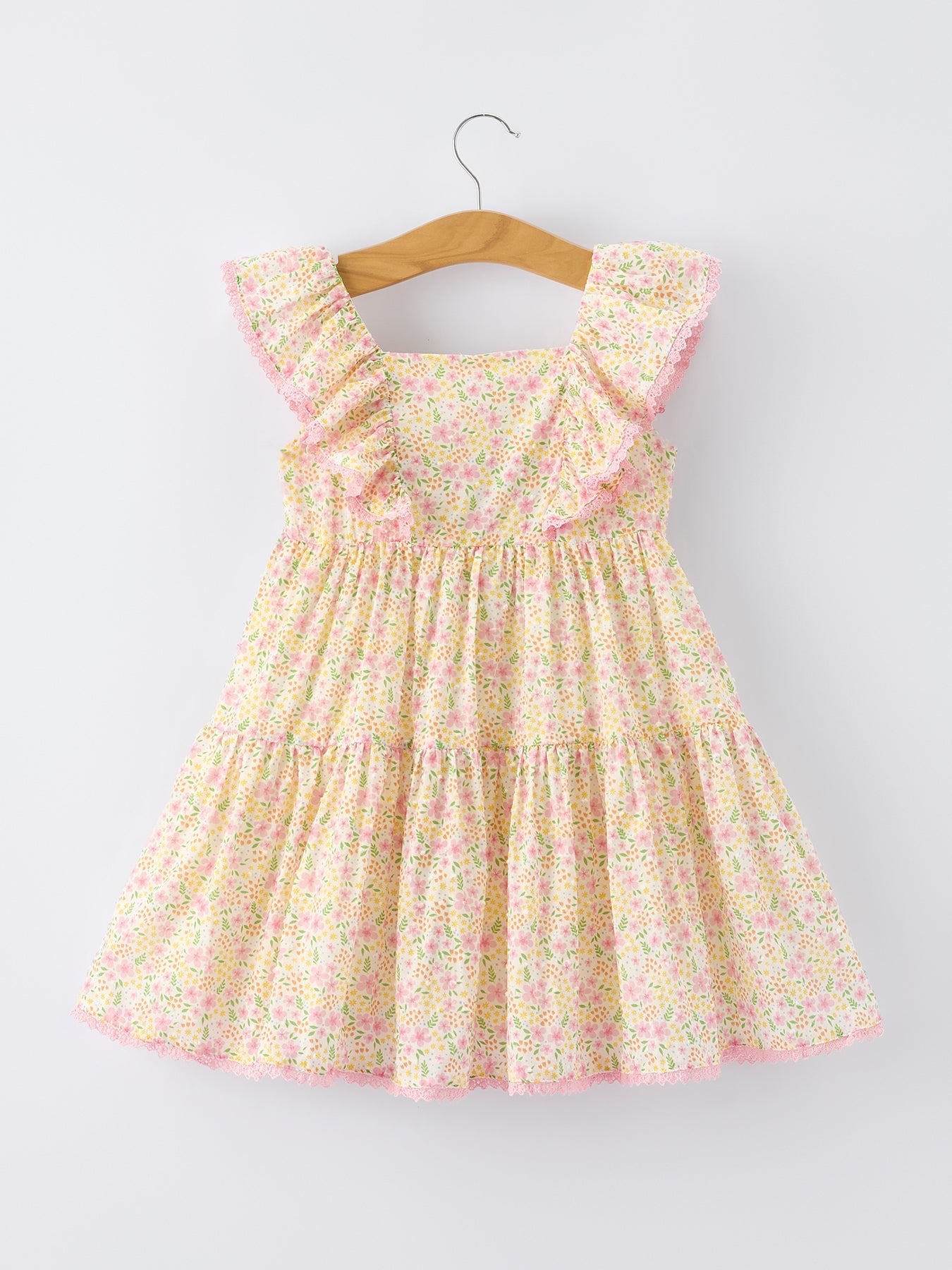 Girls Spring Floral Ruffle Dress with Bow Straw Hat Set - 100% Cotton