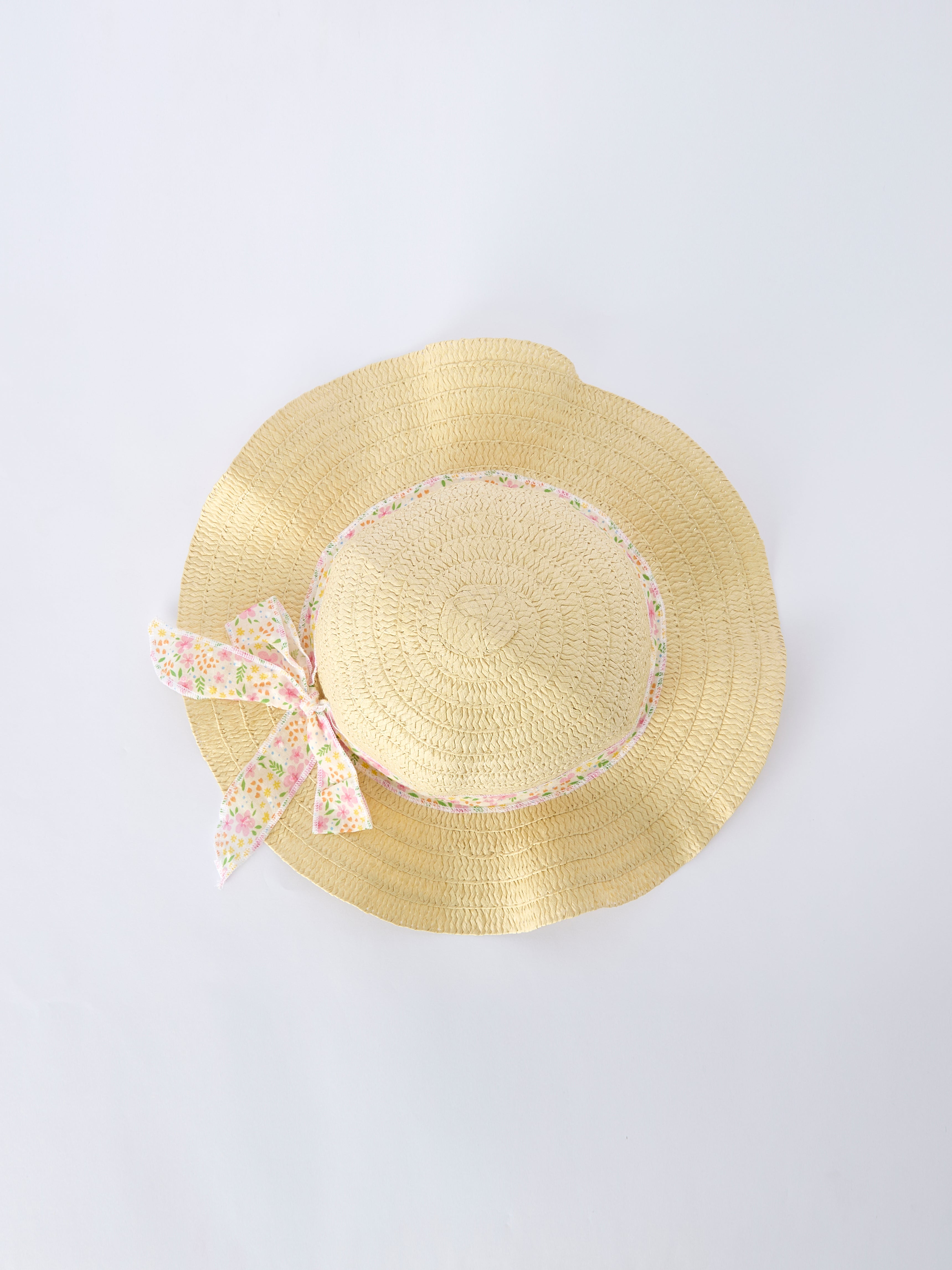Girls Spring Floral Ruffle Dress with Bow Straw Hat Set - 100% Cotton