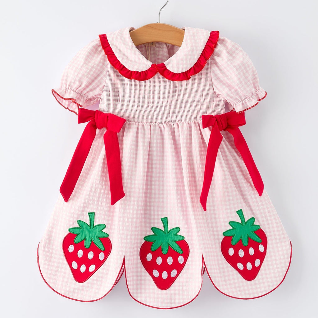 Girls Plaid Smocked Dress with Strawberry Applique - 100% Cotton
