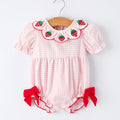 Baby Girls Plaid Smocked Romper with Strawberry Applique - 100% Cotton