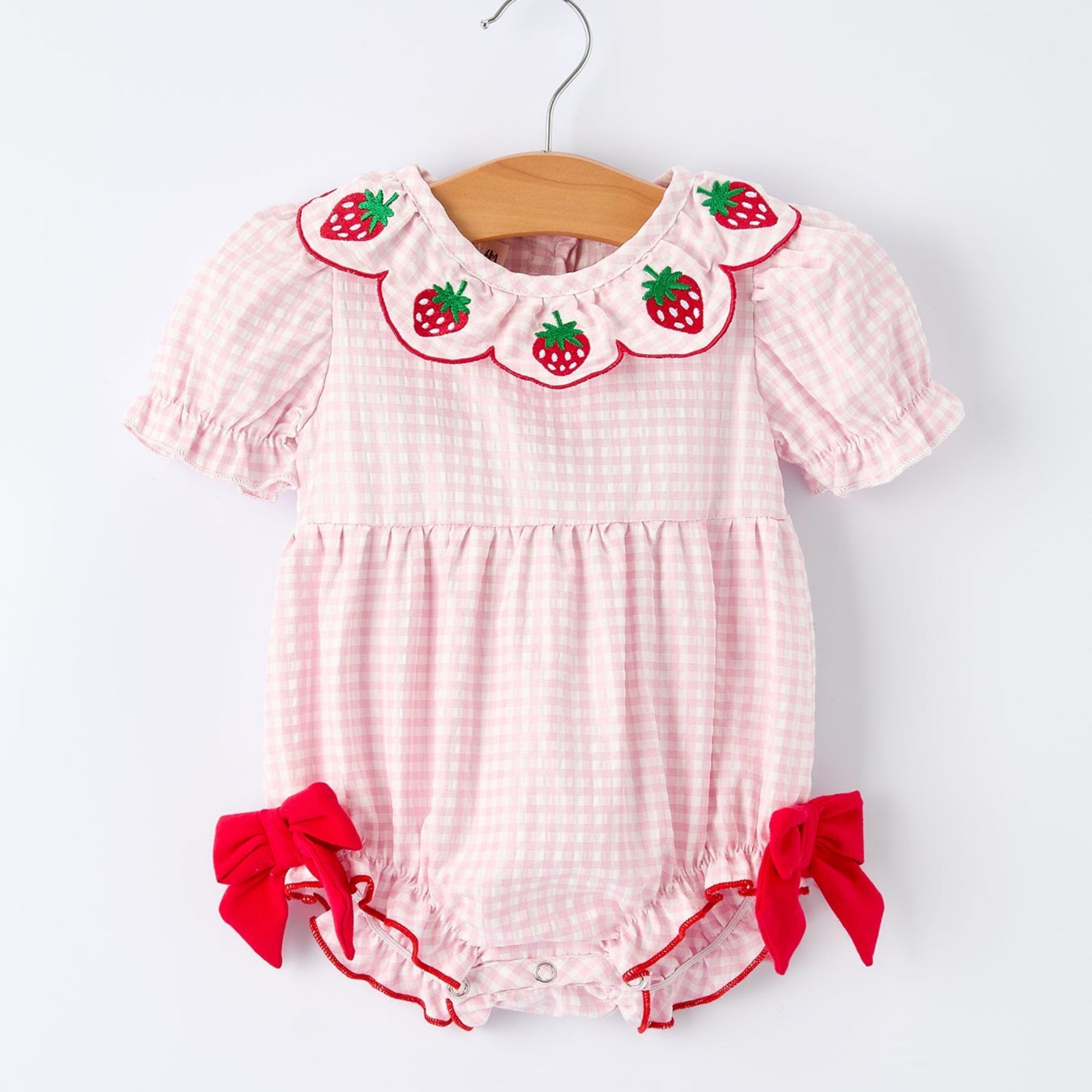Baby Girls Plaid Smocked Romper with Strawberry Applique - 100% Cotton
