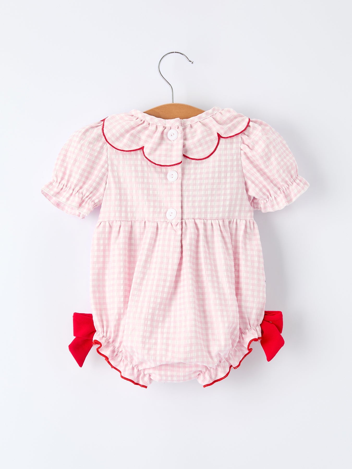 Baby Girls Plaid Smocked Romper with Strawberry Applique - 100% Cotton