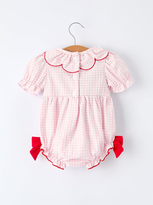 Baby Girls Plaid Smocked Romper with Strawberry Applique - 100% Cotton
