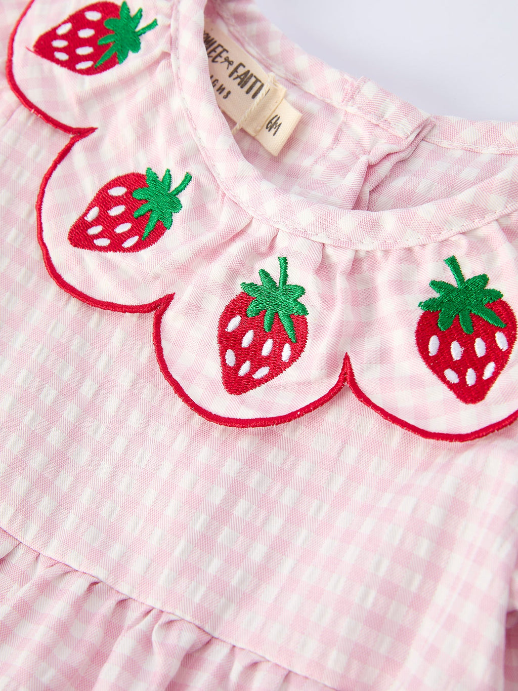 Baby Girls Plaid Smocked Romper with Strawberry Applique - 100% Cotton