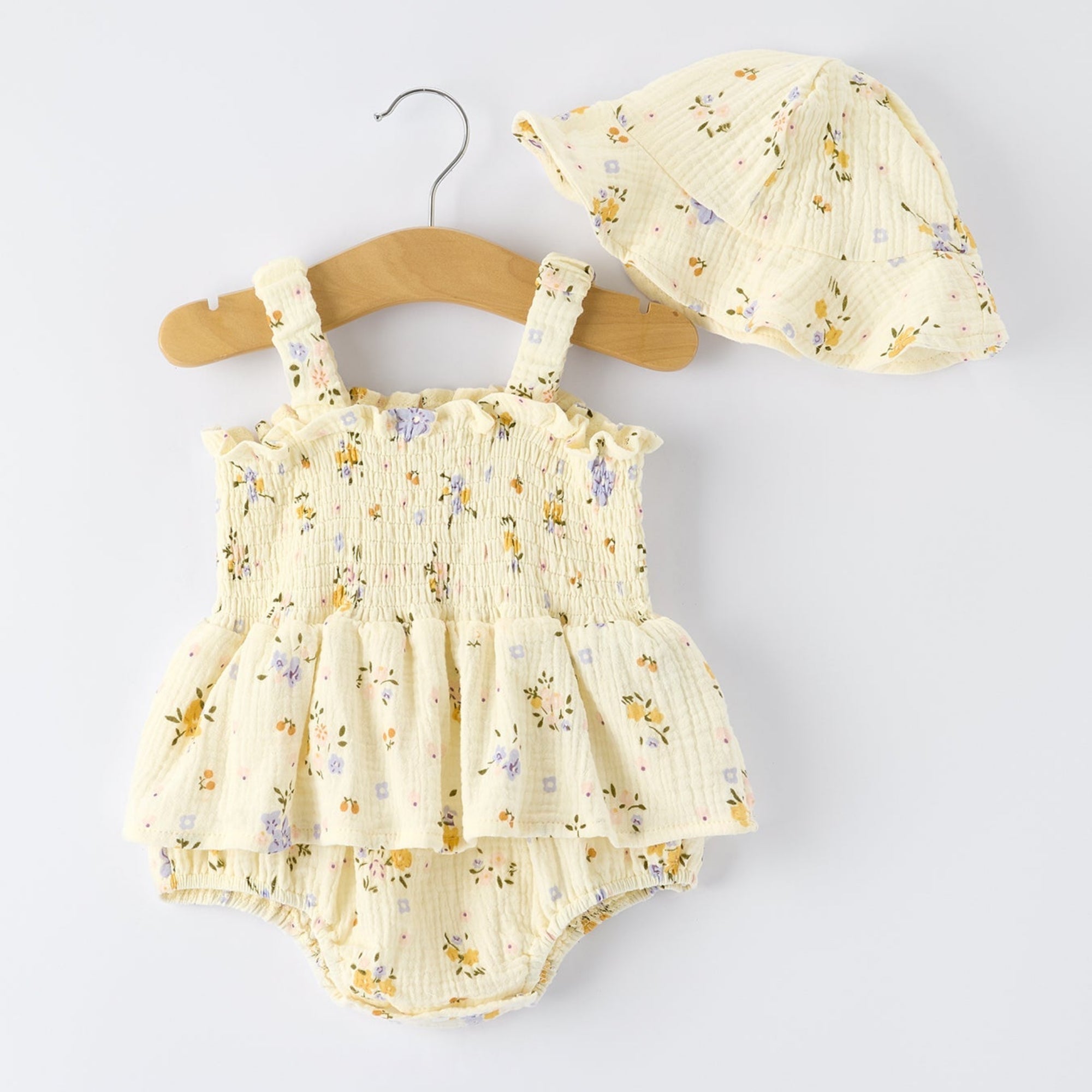 Baby Muslin Floral Smocked Romper with Matching Hat Set - 100% Cotton