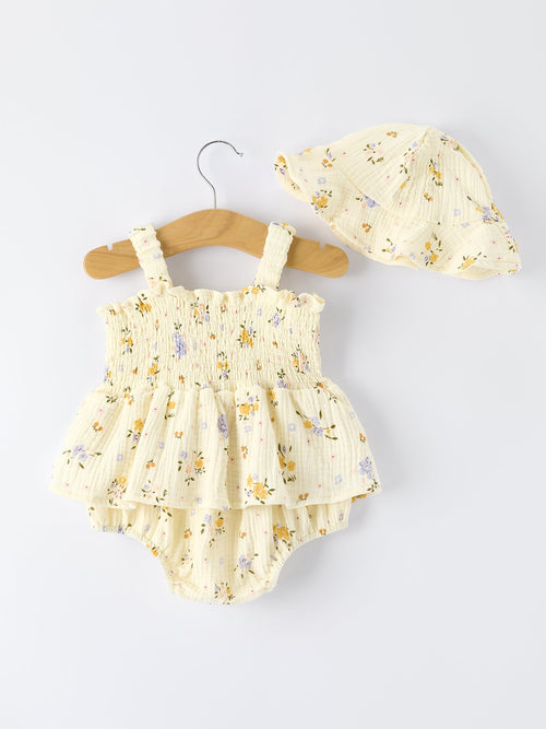 Baby Muslin Floral Smocked Romper with Matching Hat Set - 100% Cotton