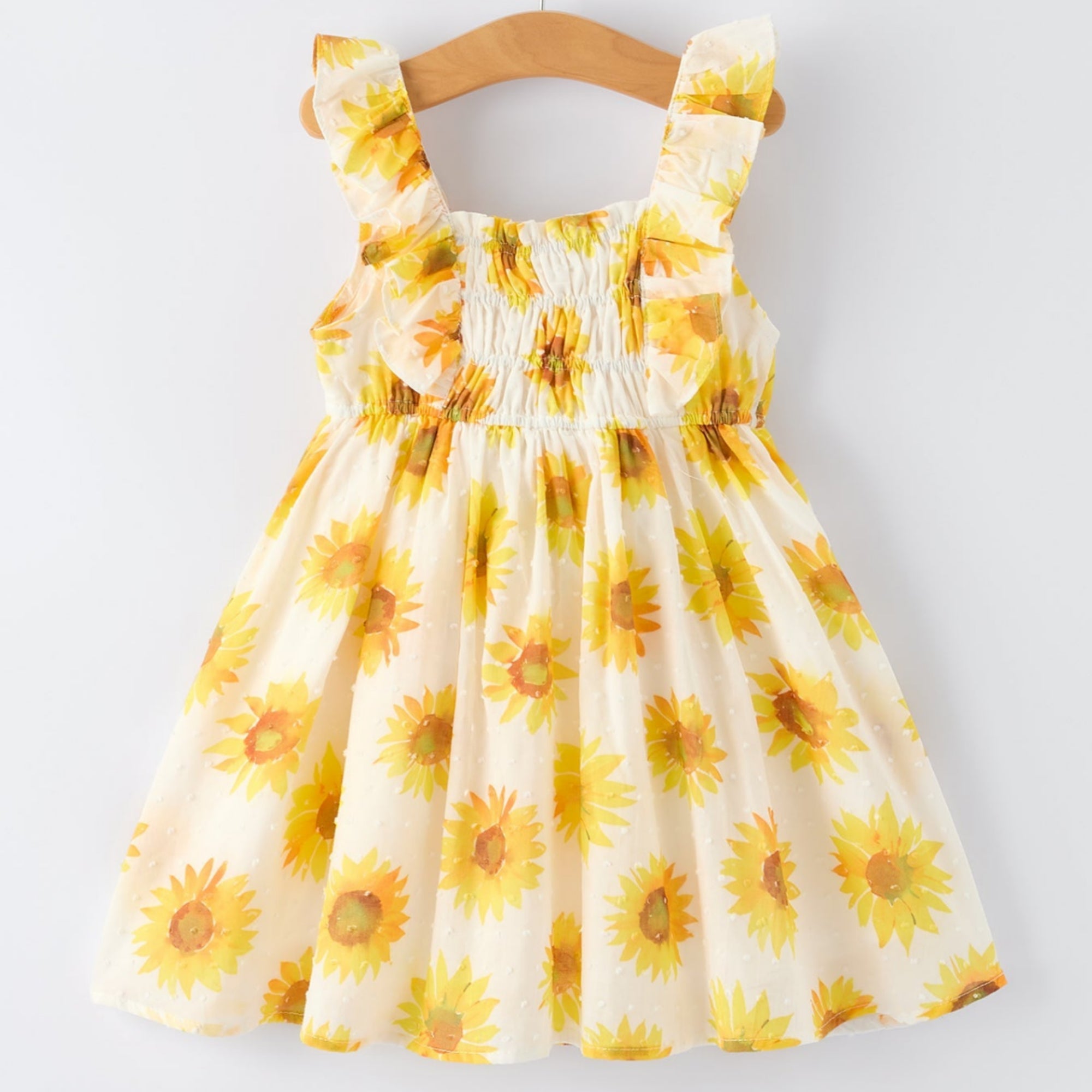 Girls Sunflower Smocked Ruffle Dress - 100% Cotton Summer Dress