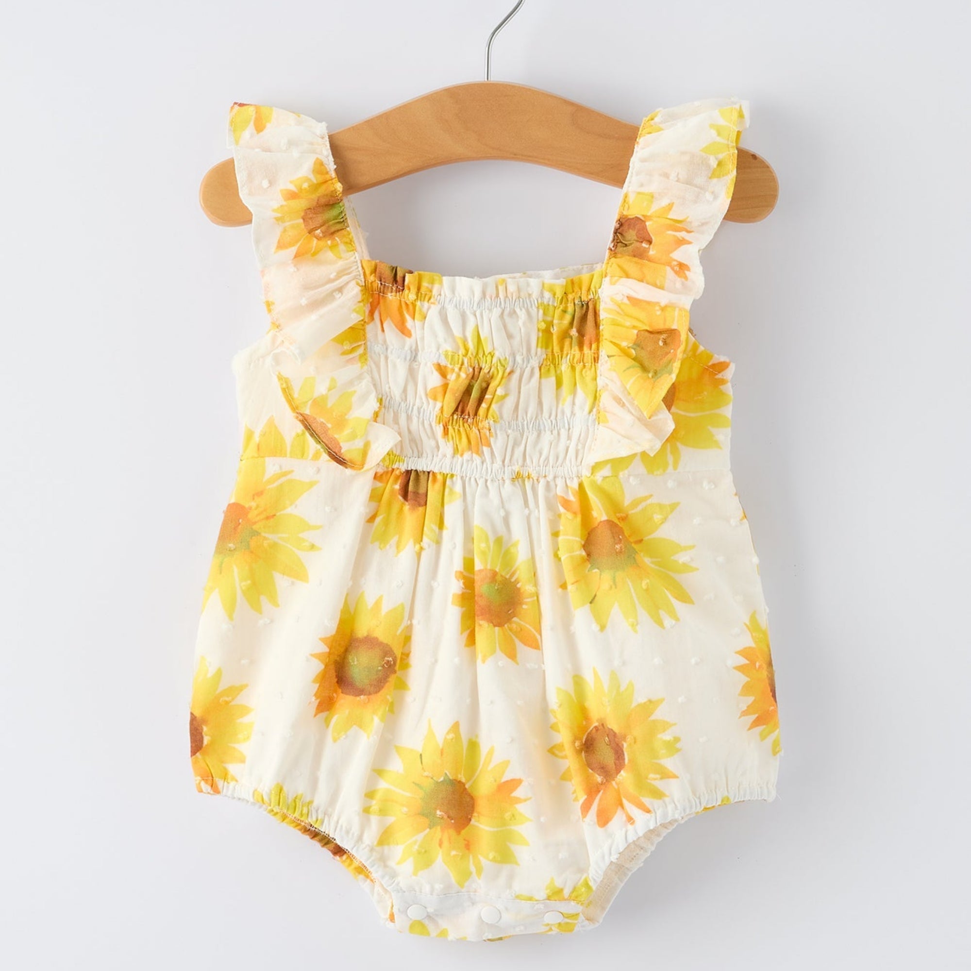 Girls Sunflower Smocked Ruffle Romper - 100% Cotton Summer Outfit