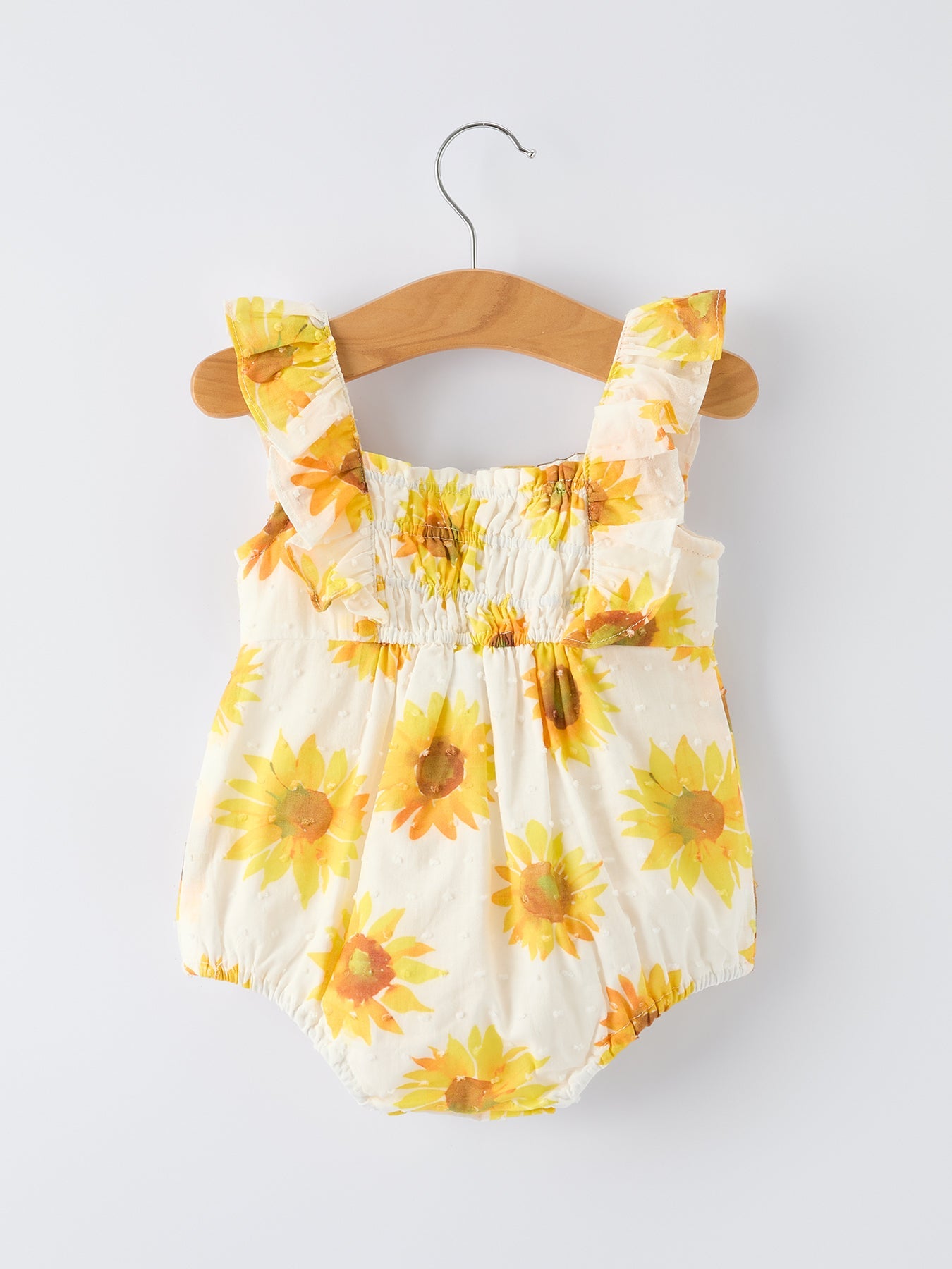 Girls Sunflower Smocked Ruffle Romper - 100% Cotton Summer Outfit