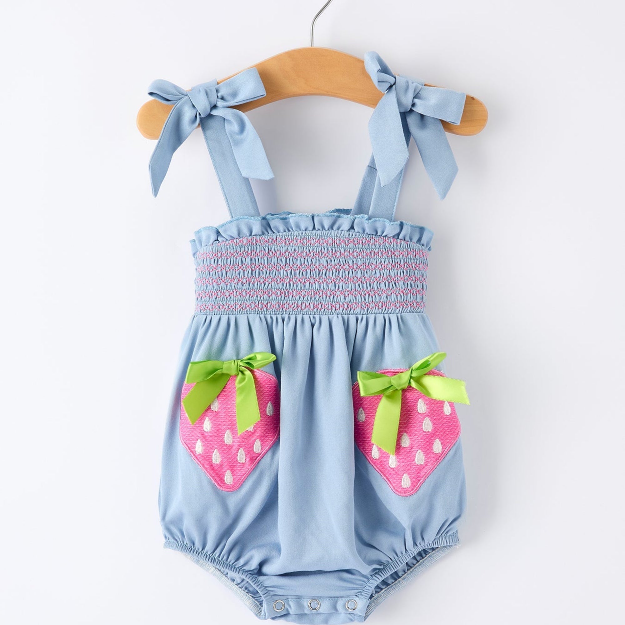 Girls Summer Strawberry Smocked Romper with Applique - Rayon Blend