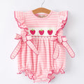 Girls Strawberry Embroidered Pink Stripe Smocked Romper - Cotton Blend