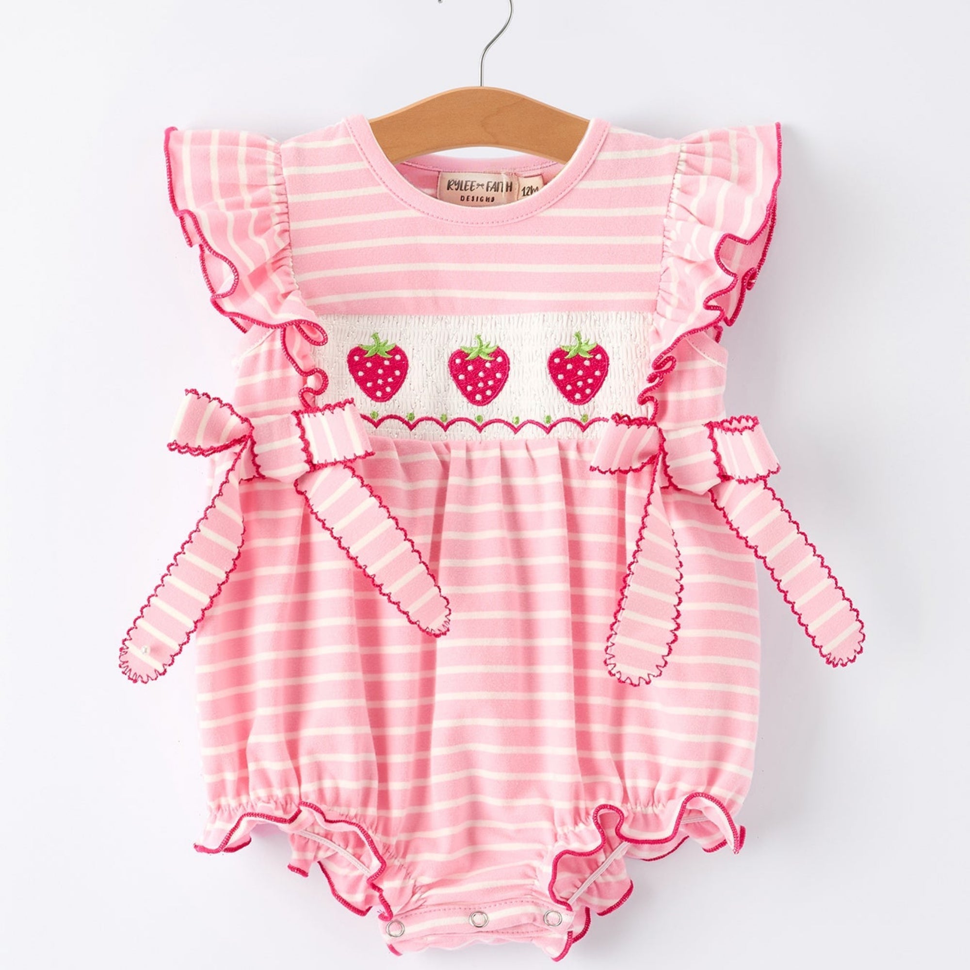 Girls Strawberry Embroidered Pink Stripe Smocked Romper - Cotton Blend