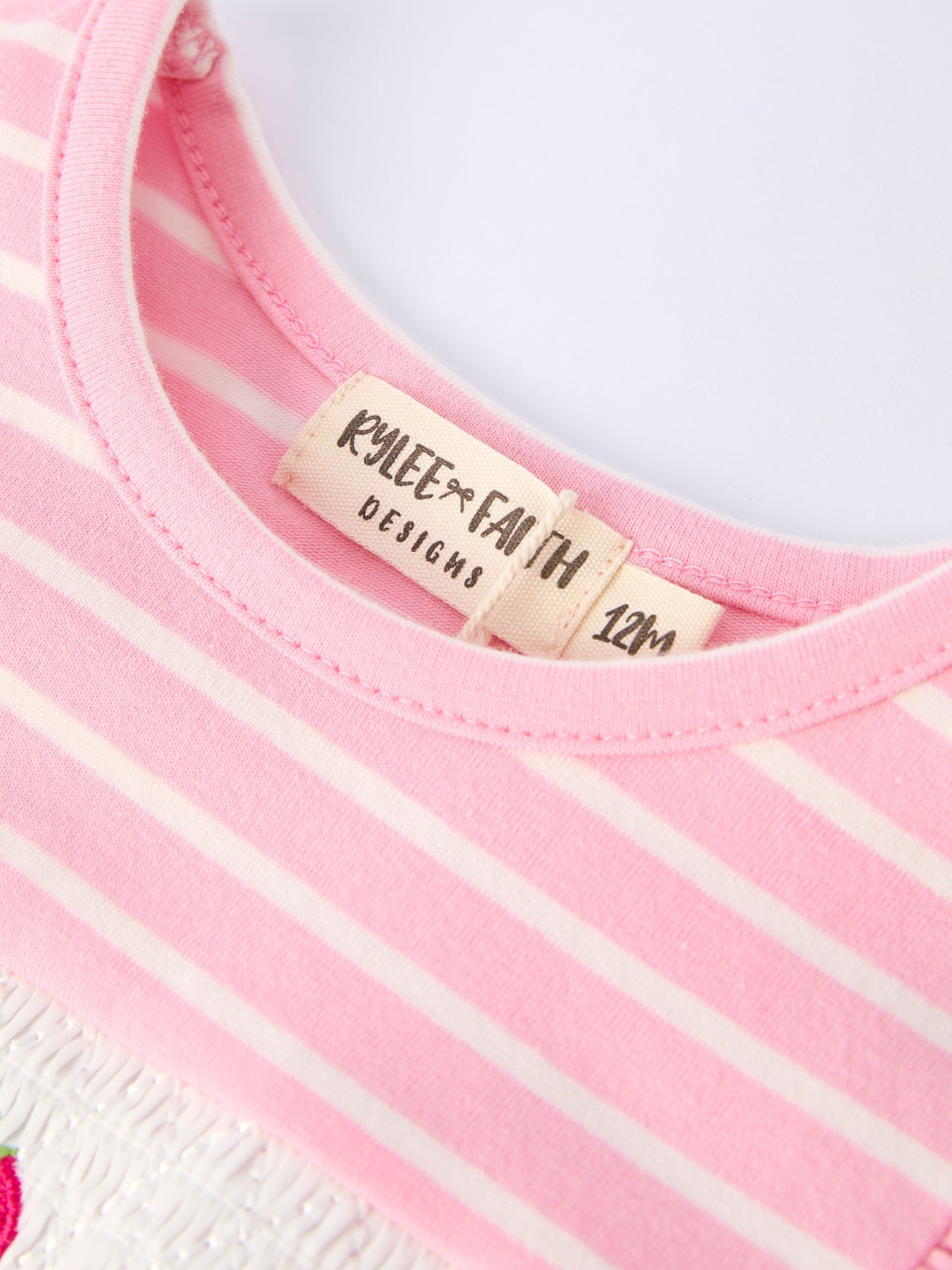 Girls Strawberry Embroidered Pink Stripe Smocked Romper - Cotton Blend