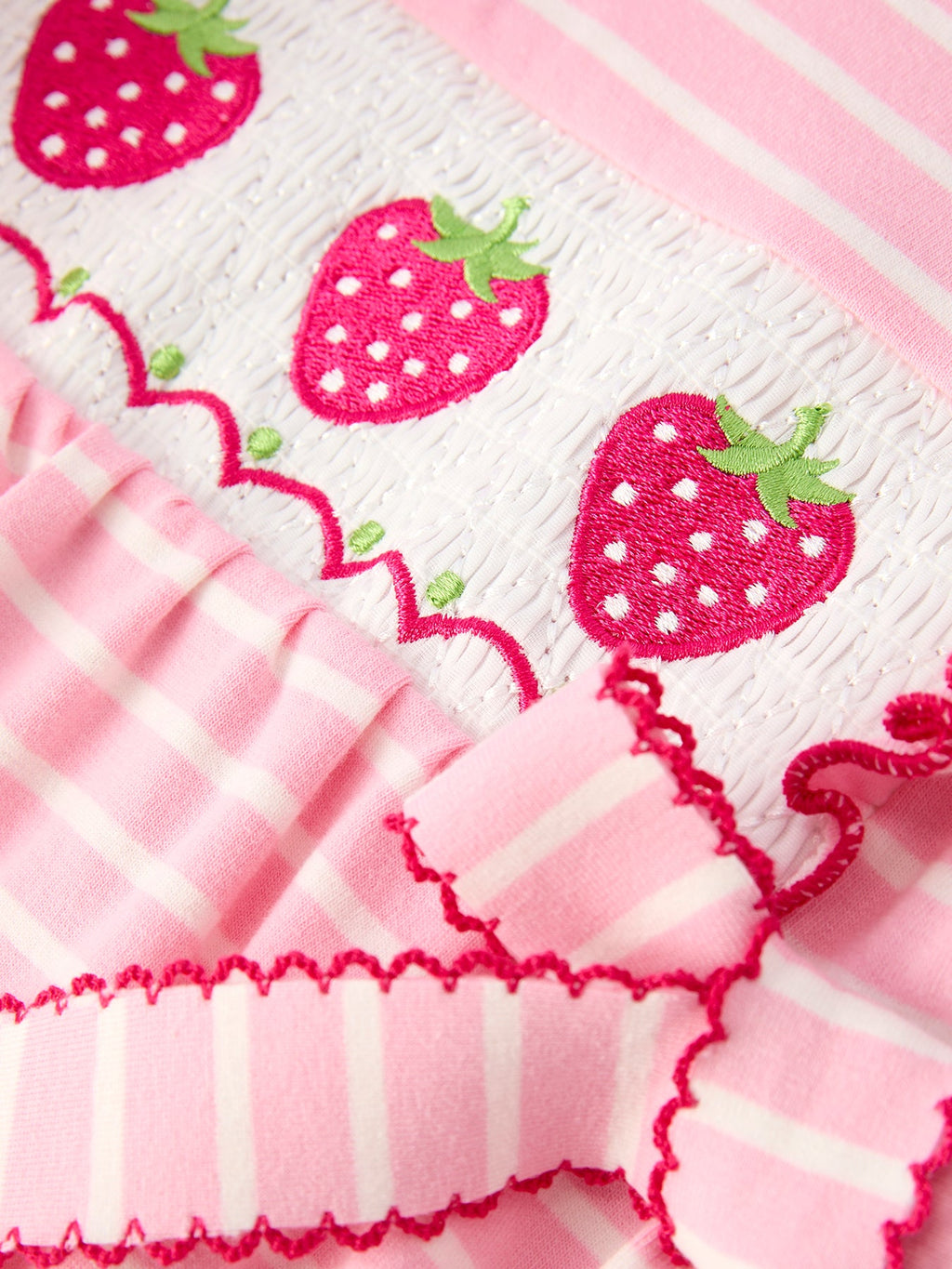 Girls Strawberry Embroidered Pink Stripe Smocked Romper - Cotton Blend