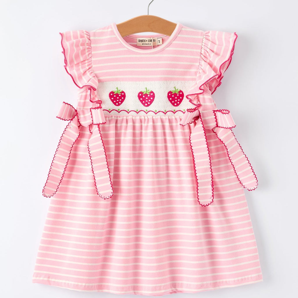 Girls Strawberry Embroidered Pink Stripe Smocked Dress - Cotton Blend